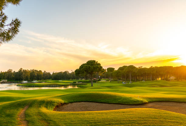 Panorama of the most beautiful sunset or sunrise. Sand bunker on a golf course without people with a row of trees in the background.