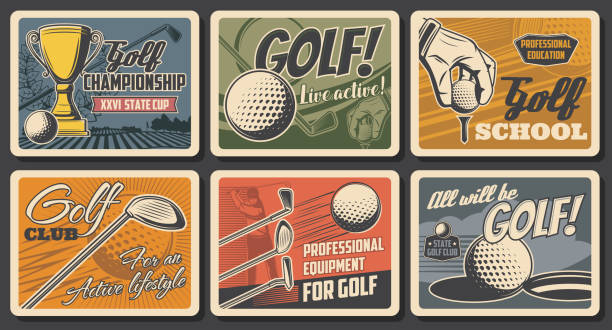 Golf championship cup and golfer sport school, vector vintage retro vector posters. Professional golf club tournament and equipment shop, ball and stick on green course